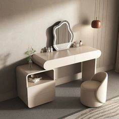 a white desk with a mirror and stool in a room next to a window on the floor