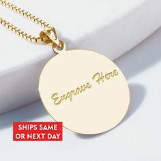 Custom engraved charm necklace. Engrave your charm with Monogram, Initials, or your favorite message that can be engraved on the back! - Item can be engraved with message, names, dates or monogram. - Engraving doesn't delay your shipment. - Available in Three Sizes in Solid 14K, 10k,Yellow, White, Or Sterling Silver - What Shape is This Item? Round - Is a Chain Included? You can choose which chain to add to your order when checking out - All Sterling Silver is protected with a tarnish resistance Engraved Initial Pendant Medallion Necklace For Gift, Engraved Medallion Necklace With Initial Pendant For Gifts, Engraved Initial Pendant Medallion Necklace As A Gift, Engraved Initial Pendant Medallion Necklace, Round Medallion Necklace With Charms For Gifts, Round Medallion Necklace With Charms As Gift, Customized Gold Necklaces For Keepsake, Sterling Silver Jewelry With Engraved Text For Keepsake, Sterling Silver Jewelry With Engraved Text For Memorial