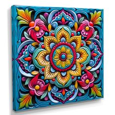 an art work with colorful flowers painted on the side of a canvas wall mounted to a wall