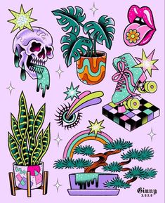 an assortment of tattoos on a pink background with stars, plants and other things in them