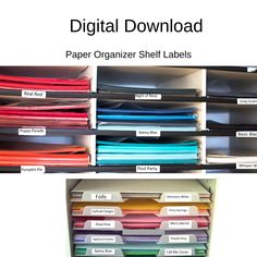 an organized shelf filled with files and folders, labeled paper organization shelving labels