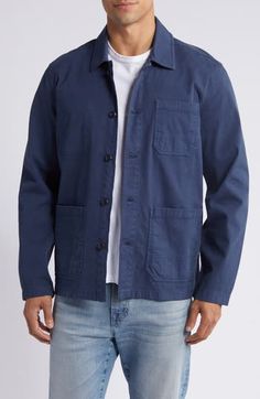 Men’s Chore Jacket, Classic Cotton Button-up Outerwear, Relaxed Fit Utility Shacket For Everyday, Relaxed Fit Utility Jacket With Pockets For Everyday, Everyday Relaxed Fit Utility Jacket With Pockets, Utility Outerwear With Pockets For Everyday, Utility Shacket With Relaxed Fit, Casual Cotton Outerwear For Fall, Spring Unstructured Utility Jacket With Button Closure