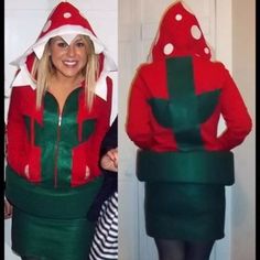 two pictures of a woman dressed up as santa clause and wearing a green skirt with white polka dots on it