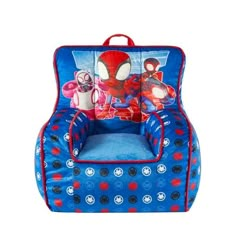 the spiderman chair has two pillows on it and is blue with red dots around it