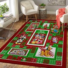 a mickey mouse christmas rug in a living room