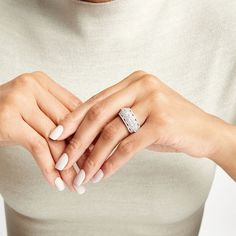 This stunning scallop-frame diamond ring features Old World charm with the right amount of sparkle. 14K white gold. The ring features a series of round diamonds in diamond-lined scalloped frames aligned across the center. Diamond-lined edges complete this striking design. 1-1/2 ct. t.w. of diamonds. White Cluster Ring With Diamond Cut Lab Grown Diamonds, White Cluster Ring With Lab Grown Diamond Cut, White Lab Grown Diamond Cluster Ring, Dazzling White Cluster Ring With Single Cut Diamonds, White Pave Setting Fine Jewelry For Wedding, White Cluster Ring With Diamond Accents And Lab-grown Diamond, White Cluster Ring With Diamond Accents In Moissanite, White Cubic Zirconia Cluster Ring With Diamond Accents, White Cluster Ring With Pave Setting