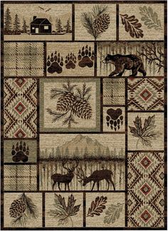 a rug with animals and pine cones on it