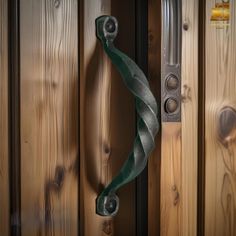 a metal handle on a wooden door