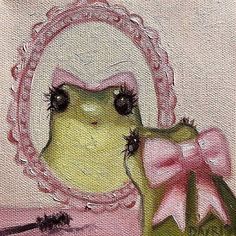 a painting of a frog with a pink bow on it's head sitting in front of a mirror