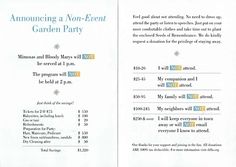 an open brochure with information about the garden party