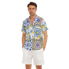 Men's deep V-neck blouse with light and comfortable fabric, button closure, you can design many unique patterns, using high-quality printing, ready-to-wear will be great ● Fabric: Four-way stretch(95% polyester and 5% spandex) ● Regular fit; This product is nonelastic ● Deep v-neck, short sleeve ● Fabric weight: 120g/m² ● Thread Color: black or white for a single piece, automatically chosen using color approximation. Can not be customized. ● Care Instruction: machine wash cold with similar colors, do not bleach, tumble dry low, do not iron, do not dry clean. ● This product is made on demand, with no minimum order quantity. ● Multiple shipping methods available, and fees vary depending on the location and the shipping method selected. ● For custom areas, please refer to the Yoycol mockup ge Multicolor V-neck Shirt, Vacation V-neck Shirt With Graphic Print, V-neck Graphic Print Shirt For Vacation, Printed V-neck T-shirt For Vacation, Printed Cotton V-neck Shirt, Sicilian Tiles, V Neck Blouse, Deep V Neck, Single Piece