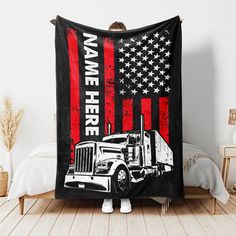 a black blanket with an american flag and a semi truck on it that says wave here