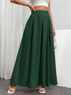 Women Solid Color Minimalist High Waist Skirt Dark Green Casual   Woven Fabric Plain Flared Slight Stretch  Women Clothing, size features are:Bust: ,Length: ,Sleeve Length: Green Non-stretch Long Skirt, Non-stretch Green Long Skirt, Elegant Green A-line Maxi Skirt, Green Non-stretch Maxi Skirt, Relaxed Full-length Green Skirt, Color Minimalist, High Waist Skirt, Drawstring Waist Shorts, Women Skirts