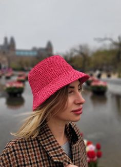 Summer bucket hat in strawberry color. That's a modern unisex accessory made of premium fully degradable plant fiber. Very soft but keeping the shape (not a paper yarn). Size: 51-53 cm ( 20,08 - 20,87 inch ) head girth. Weight: 82 g ( 0,18 lbs) Bright unique raffia crochet hat, trendy and comfy in use. Very light and easy, with a kipper tape inside which can protect you hat against sweat and slipping. That's multi-style summer hat can be used in a city, to the beach, festival or summer party and Trendy Pink Straw Hat For Spring, Pink Casual Sun Hat With Curved Brim, Casual Pink Sun Hat With Curved Brim, Adjustable Natural Bucket Hat, Eco-friendly Spring Bucket Hat With Curved Brim, Eco-friendly Curved Brim Bucket Hat For Spring, Adjustable Natural Color Bucket Hat, Casual Natural Bucket Hat With Flat Brim, Pink Bucket Hat With Short Brim For Outdoor