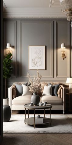 a living room filled with furniture and a chandelier