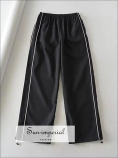 Women Oversize Loose Side Stripes Sweatpants Jogger With Drawstring Cuffs Basic style Black Trousers With Contrast Stripes, Casual Striped Sports Pants, Black Casual Pants With Side Stripes, Black Straight Sweatpants For Summer, Black Pants With Contrast Stripes For Streetwear, Sporty Black Sweatpants With Contrast Stripes, Casual Stretch Bottoms With Striped Hem, Black Cotton Bottoms With Contrast Stripes, Black Casual Sweatpants With Contrast Stripes