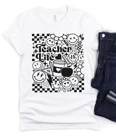 ~~Retro Teacher Life~~ Screen printed design on a regular unisex fit tee. A slightly oversized sweatshirt option is also available. Please see the second size chart to ensure proper fit. Design is black as shown. Everyday Screen Print T-shirt In Ring-spun Cotton, Trendy Graphic Print College Tops, Trendy College Tops With Graphic Print, Urban Graphic Design T-shirt For Fall, Trendy Graphic Print Tops For College, Black Ring-spun Cotton T-shirt For Everyday, Trendy Screen Print T-shirt For Fall, Urban T-shirt With Screen Print For Fall, College T-shirt With Screen Print And Relaxed Fit