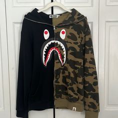 A Bathing Ape, Woalo Gone Mad 1993-2093 Perfect Condition - Never Worn Before Camo/Black Black Patchwork Hooded Jacket, Black Patchwork Hoodie Outerwear, Black Patchwork Sweatshirt For Streetwear, Black Urban Hoodie With Patchwork, Urban Black Patchwork Hoodie, Hooded Black Sweatshirt With Patchwork, Black Patchwork Hoodie Sweatshirt, Bape Jacket, Bape Black