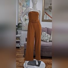 Beautiful Mustard Colored Jumpsuit Fitted Strapless Jumpsuit For Spring Formal, Fitted Strapless Jumpsuit For Spring Formal Events, Spring Formal Fitted Strapless Jumpsuit, Elegant Fitted Jumpsuits And Rompers For Day Out, Chic Brown Jumpsuits And Rompers For Spring, Chic Tailored Jumpsuits And Rompers For Spring, Brown Jumpsuit For Night Out In Spring, Colorful Jumpsuit, Linen Jumpsuit