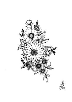 a black and white drawing of flowers