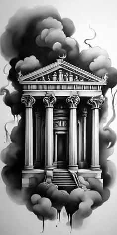 Greek Temple Tattoo, Temple Tattoo Design, Building Tattoo, Greek Tattoo, Greek Mythology Statue, Greek God Tattoo, Drawings With Meaning, Roman Tattoo, Red Tattoo Ideas