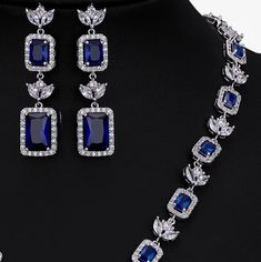 Sapphire Blue AAAAA CZ Wedding and Formal Jewelry Set Blue Crystal Jewelry Sets For Wedding, Sapphire Jewelry Sets For Wedding, Sapphire Cubic Zirconia Jewelry For Wedding, Sapphire Cubic Zirconia Wedding Jewelry, Sapphire Jewelry With Sparkling Stones For Wedding, Blue Crystal Jewelry Set For Anniversary, Sapphire Cubic Zirconia Bridal Necklace For Wedding, Sapphire Cubic Zirconia Bridal Necklace, Blue Cubic Zirconia Jewelry With Matching Earrings