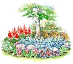 a watercolor painting of a garden with flowers and trees