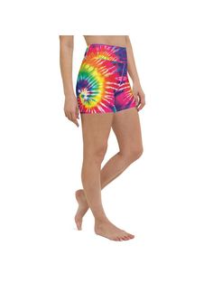 Our bright, rainbow tie dye patterned sports shorts couldn't look more bright and colorful in the cheerful colors of vibrant purple, blue, green, orange, yellow, pink and white. You can't help but feel cheerful when you put the Gearbunch Tie Dye Swirl Yoga Shorts on. The soft stretchy fabric and firm wide elastic waistband make these printed sports shorts perfect for gym, yoga, hiking, bike rides, festivals and all your favorite sports and hobbies. Be Happy, Be Bright, Be You with Gearbuch Multicolor Hippie Shorts For Vacation, Hippie Multicolor Shorts For Beach, Hippie Multicolor Shorts For The Beach, Playful Workout Shorts For Summer, Playful Summer Workout Shorts, Hippie Multicolor Beach Shorts, Casual Stretch Multicolor Athletic Shorts, Hippie Multicolor Bottoms For Beach Season, Fun Multicolor Shorts For Beach