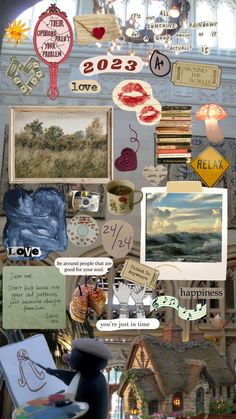 a collage of pictures and words on a wall