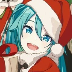 a girl with blue hair wearing a santa hat and holding a present box in front of her