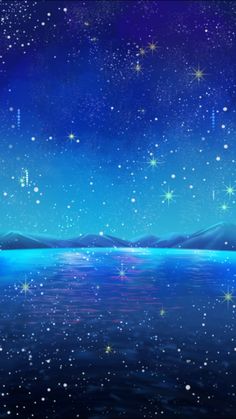 the stars are shining in the night sky over the water and mountains on the horizon