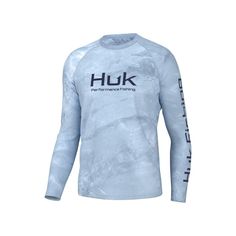 Shield yourself while you're taking in the sun on fishing trips with the Huk Pursuit Mossy Oak Long-Sleeve T-Shirt for Men. This fishing-focused long-sleeve shirt offers UPF 50+ sun protection. The mesh sides keep you from overheating on sunny days. With moisture-wicking, lightweight, 100% polyester fabric that fights odor, this is top-tier fishing gear. You'll find Huk logos on the chest, left sleeve, and center back. Machine wash. Imported.Manufacturer style #: H1200610. 100% polyester UPF 50+ Casual Crew Neck Rash Guard For Water Sports, Summer Crew Neck Rash Guard For Surfing, Casual Summer Crew Neck Rash Guard, Long Sleeve Tops For Water Sports In Summer, Long Sleeve Tops For Summer Water Sports, Moisture-wicking Crew Neck Top For Water Sports, Blue Crew Neck Tops For Water Sports, Crew Neck Tops For Water Sports In Summer, Casual Crew Neck Rash Guard For Outdoor