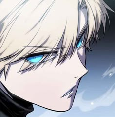 an anime character with white hair and blue eyes looking off into the distance, in front of