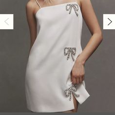 Brand New From Anthropologie! No Longer Available On The Site, Offers Welcome. Bow Mini Dress, Beaded Bow, Little White Dress, Wedding Rehearsal, Stretch Crepe, Little White Dresses, White Silver, Square Neck, Dress Making