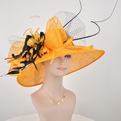 ". 100% Sinamay, light and comfortable *Wide brim measure Appr 6.5\" brim *The crown is decorated with feather flower. Very beautiful!! *Head girth is 22\"-23.22\",adjustable string inside can give you the best fit. *Great for Kentucky Derby, Church, Wedding, Tea Party or other special event . If you want to use different colors feathers tell me the color you need, I will change for you. 💃1. All hats will be sent from Rockville, MD, 20850, using FedEx Ground (1- 5 business days if the shipping Spring Short Brim Sinamay Costume Hats And Headpieces, Spring Costume Hat With Short Brim In Sinamay, High Crown Spring Costume Hats For Church, Spring Church Costume Hats With High Crown, Spring Church Costume Hats And Headpieces With High Crown, Spring Races Sinamay Top Hat, Summer Wedding Costume Hat With Flat Brim, Yellow Hat With Curved Brim For Church, Yellow Fedora Sun Hat For Kentucky Derby