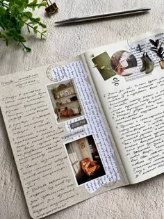 an open book sitting on top of a white rug next to a pen and plant