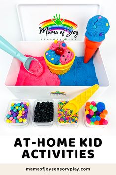 an ice cream sundae with rainbow colored sprinkles in it and the words at - home kid activities