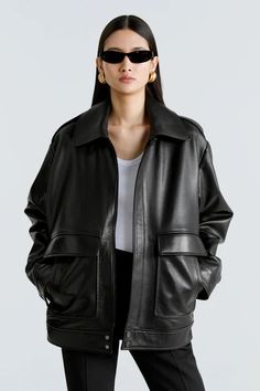 Drey - Nour Hammour Nour Hammour, Parisian Winter, Oversized Leather Jacket, Summer Layers, Cape Scarf, Shearling Coat, Leather Jacket Black, Leather Care, Silver Hardware