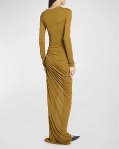 Saint Laurent Sheer Ruched Jersey Maxi Dress | Neiman Marcus Jersey Maxi Dress, Anthony Vaccarello, Maxi Jersey Dress, Rive Gauche, Top Designers, Round Neckline, Neiman Marcus, Yves Saint Laurent, Saint Laurent