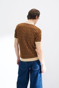 Textured Pattern Merino Wool Polo – King & Tuckfield Retro Knitted Brown Tops, Retro Brown Knitted Tops, Fitted Brown Collared Sweater, Brown Fitted Jacquard Knit Top, Fitted Brown Jacquard Knit Top, Fitted Brown Sweater With Button Closure, Brown Fitted Sweater With Button Closure, Brown Fitted Jacquard Knit Sweater, Fitted Brown Jacquard Knit Sweater