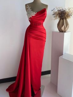 Red Satin Embellished Evening Dress, Red Embellished Satin Evening Dress, Red Ball Gown With Sweep Train For Evening, Red Embellished Satin Dress, Red Evening Dress With Sweep Train For Banquet, Red Embellished Evening Dress For Prom, Red Embellished Prom Evening Dress, Red Evening Dress For Banquet During Prom Season, Red Evening Dress For Prom Season Banquet