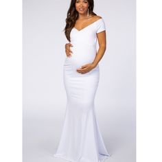 A Solid Maternity Photoshoot Gown Featuring An Off Shoulder Elastic Neckline With A Wrap Front Style, Mermaid Style Skirt With Form-Fitting Ruched Sides, Cinching Under The Bust, And A Hi-Low Hemline With A Slight Train. Dress Is Double Lined To Prevent Sheerness. Excellent Condition/New Without Tags (It’s White So May Need To We Washed To Be Perfect). Bulk Buy Out From Company. Tag Is Cut Out To Prevent Returns To The Company. Small Inventory #702 Medium Inventory #3077 Large Inventory #217 Elegant V-neck Maternity Gown, Fitted V-neck Maternity Gown, Elegant Maternity Maxi Dress With Short Sleeves, Elegant Short Sleeve Maternity Maxi Dress, Fitted Maternity Maxi Dress For Wedding, Elegant Spring Maternity Gown, Fitted Maternity Maxi Gown, Fitted Maternity Maxi Length Gown, Fitted Maxi Maternity Gown