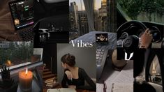 a collage of photos with candles, books and other things in them including a woman driving a car