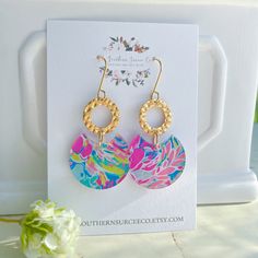 These earrings make the best surcees (just because gifts), on their own or paired with one of our beautiful trinket dishes! They are handcrafted in Summerville, South Carolina, and designed so that no two pair will ever be exactly alike! Due to the colors and textures of the materials used, your purchase will be similar to those pictured but will vary slightly. Below is a collective list of materials used for all of our earrings, this listing will include at least one but possibly more. Please f Whimsical Everyday Drop Earrings Jewelry, Whimsical Gold Hoop Earrings For Gift, Whimsical Gold Hoop Earrings Gift, Whimsical Gold Hoop Earrings As Gift, Everyday Whimsical Drop Earrings, Whimsical Everyday Drop Earrings, Pink Circular Nickel-free Jewelry, Unique Pink Hoop Earrings As Gift, Multicolor Cadmium-free Earrings For Gift