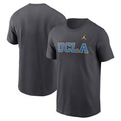 the men's nike t - shirt is shown in grey with blue and yellow letters