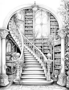 a drawing of a staircase and bookshelf in a room with many shelves full of books