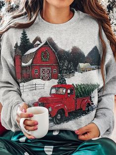 Multicolor Tops For Holiday Fall Season, Multicolor Tops For Holiday In Fall, Multicolor Tops For Fall Holiday, Winter Red Printed Tops, Red Printed Tops For Winter, Tie Shirts, Christmas Red Truck, Christmas Clothing, Trucks Print