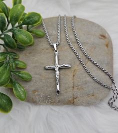 Sterling Silver Crucifix Necklace, Unisex Crucifix Necklace, 2mm French Rope Chain, For Men, Boys, Teens or Women, Rhodium Over 925 Sterling to Give it The 14k White Gold Look E X P E D I T E D ∙ S H I P P I N G You will be able to choose faster shipping options when you add Priority Shipping upon checkout. Ship times do NOT include production times. However, if you select expedited shipping, we will try to get your order completed faster. We want you to be happy with your purchase, and we take pride in offering you well-made, quality products. If you have any questions or issues with an order, please don't hesitate to contact us! We look forward to messages you send us and welcome the opportunity to provide exceptional customer service. We stand behind every item we sell and your satisfac Silver Crucifix Figaro Chain Jewelry, Silver Cross Necklace With Figaro Chain, Silver Cross Necklace With Figaro Chain As Gift, Silver Crucifix Necklace With Figaro Chain, Crucifix Necklace, Chain For Men, Men Boys, Rope Chain, Customer Service