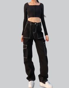 Black Cargo Pants with White Stitching Black Straight Leg Bottoms With Seam Detailing, Trendy Cotton Bottoms With Seam Detailing, Streetwear Pants With Contrast Stitching For Fall, Fall Streetwear Pants With Contrast Stitching, Wide Leg Streetwear Bottoms With Contrast Stitching, Wide Leg Bottoms With Contrast Stitching For Streetwear, Baggy Wide-leg Pants With Contrast Stitching, Casual Pants With Seam Detailing, Urban Style Bottoms With Contrast Stitching For Fall