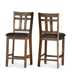 two wooden barstools with black leather seats on each side, against a white background